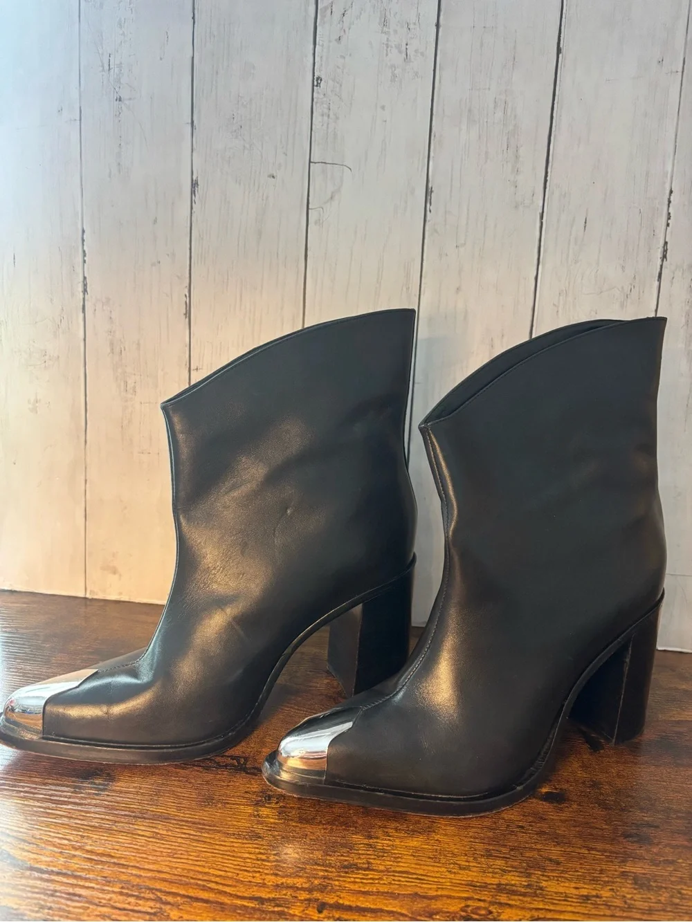 SCHUTZ Black Leather Ankle Boots with Silver Toe Cap